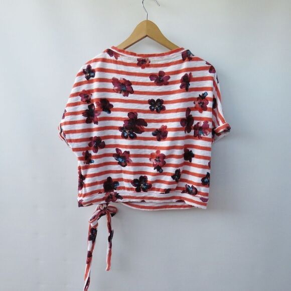 Anthro Postmark Women Size Small Red Navy Blue Striped Floral Side Tie Top - Picture 8 of 13